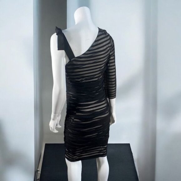 BCBGMaxAzria One Shoulder Striped Mesh Overlay Pencil Dress Black, size Medium - Picture 13 of 16